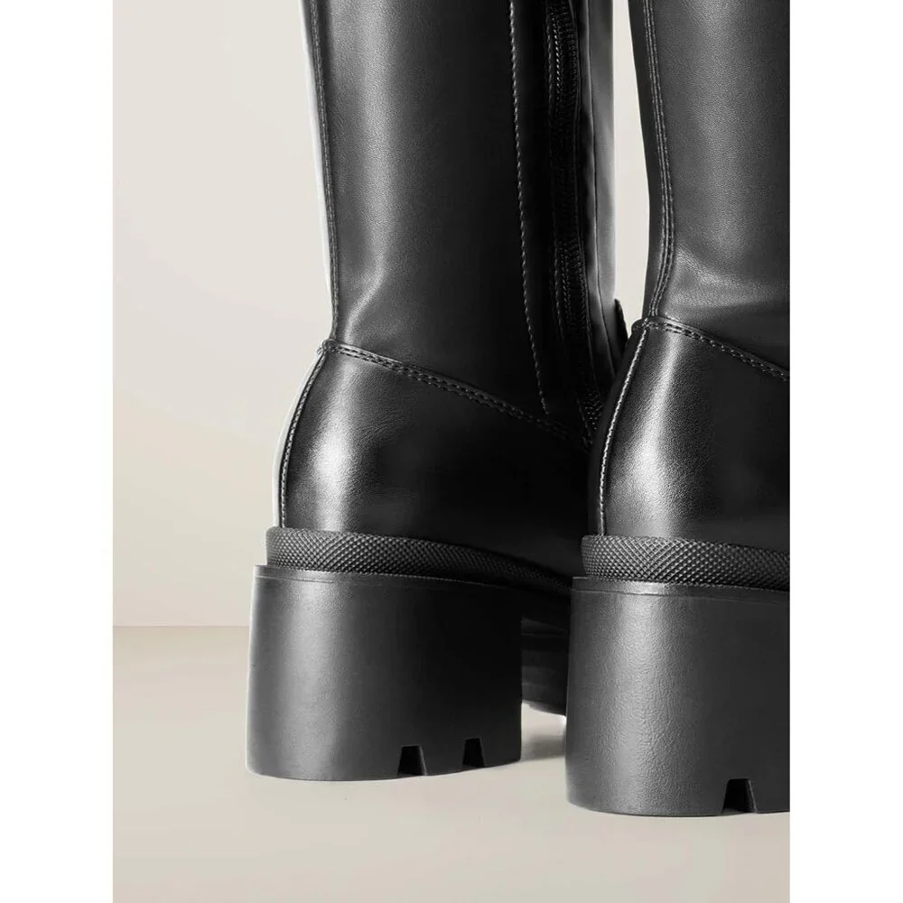 Women's Black-pu Faux Leather Knee High Over The Knee High Chunky Heel Boots